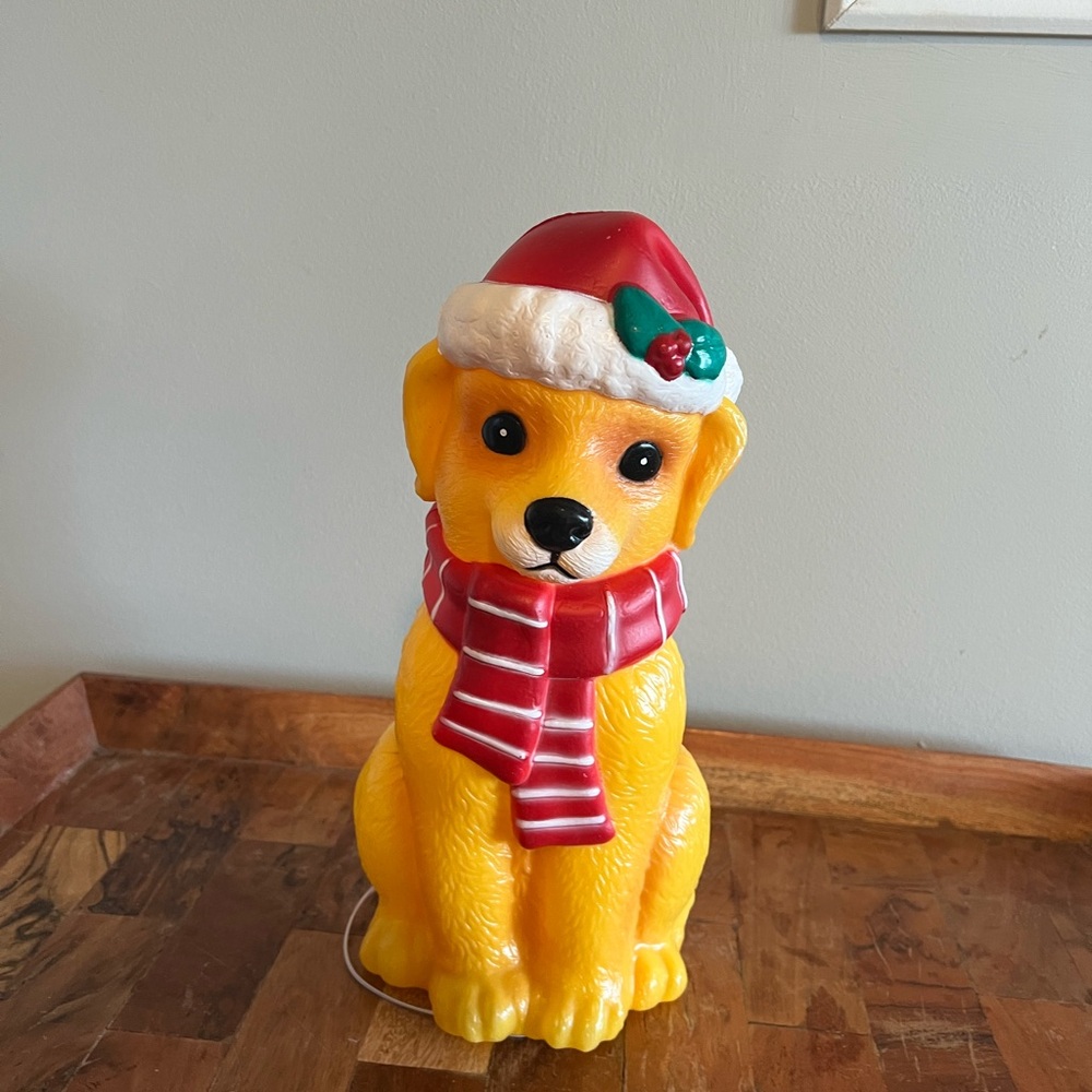 Holiday Puppy Lamp with Red Santa Hat and Striped Scarf